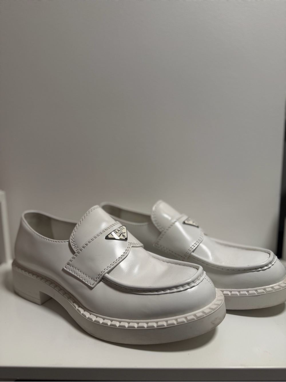Prada White Patent Leather Chocolate Loafers (UK 8, US 9.5)